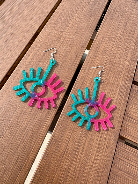 Pink & Teal Evil eye 🧿  resin earrings (handmade )