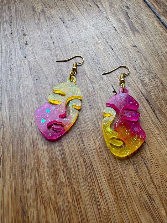 Pink and yellow FACE resin earrings (handmade)