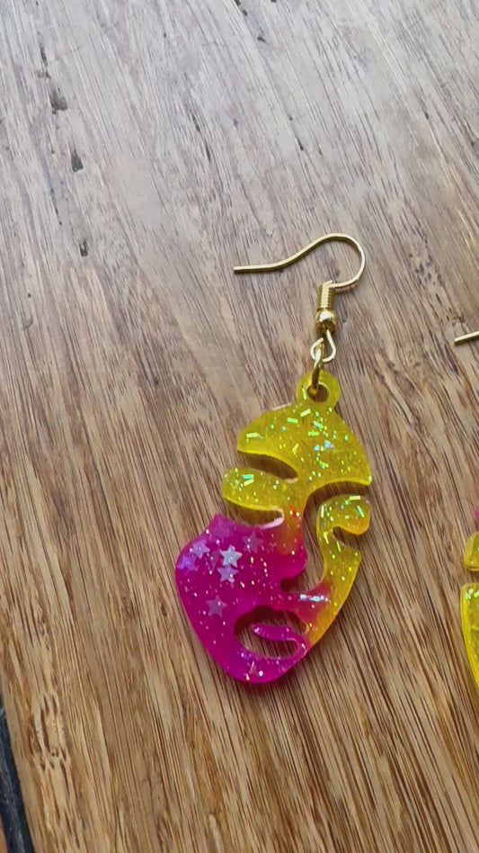 Pink and yellow FACE resin earrings (handmade)