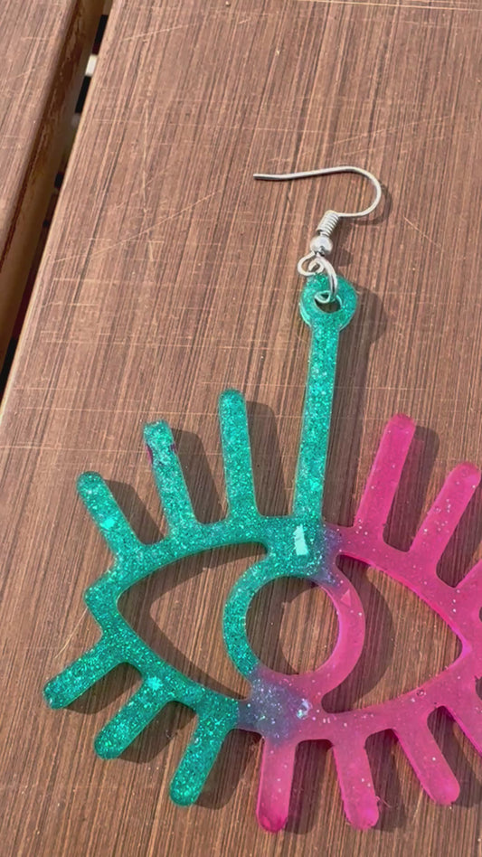 Pink & Teal Evil eye 🧿  resin earrings (handmade )
